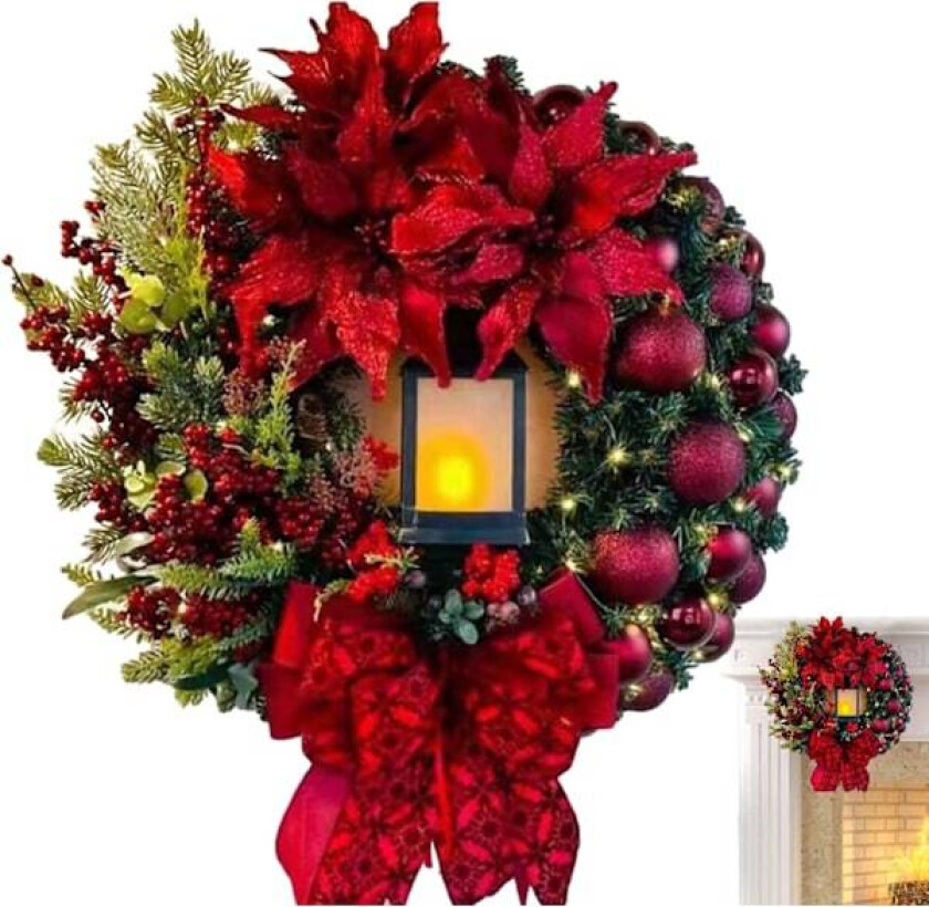 Julekrans til inngangsdøren | 30 cm Lyskrans med sløyfe - Sesongmessig juledekorasjon til inngangsdøren, veggen, peisen