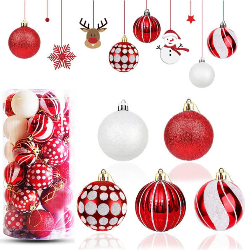 Pakke med 30 Julekuler, 6 cm Plast Røde og Hvite Julekuler Sett