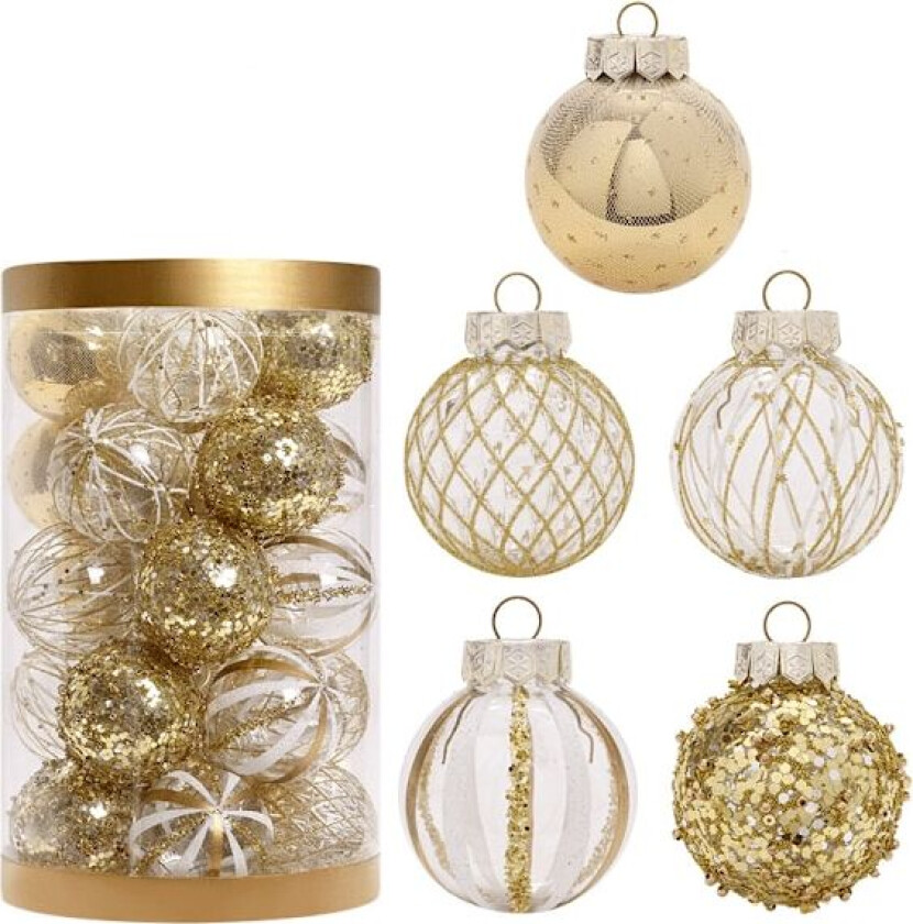 25 stk 6 cm julepynt, platinafarget malt julekulesett, juletrepyntkuler
