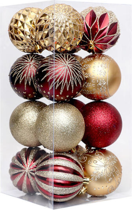 Set med 16 julekuler juletrepynt rød gull C