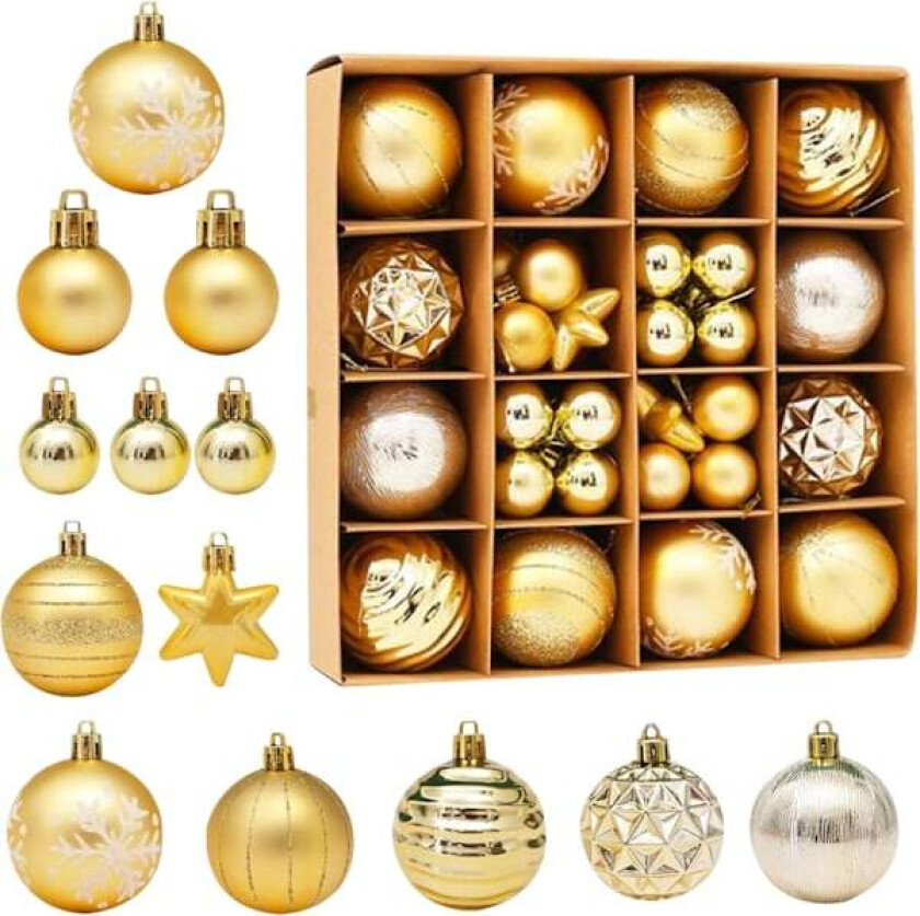42 stk Julekulepyntsett, Gyldne Knusefrie Kuler til Juletreet, Glitrende Juletema Hengepynt, Dekorative Trekuler Gold