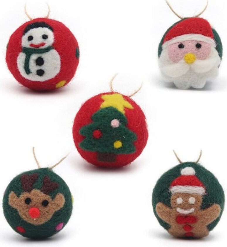 Julepynt, filt, små julekuler, håndlaget julepynt, juletrepynt, julepynt, sett med 5