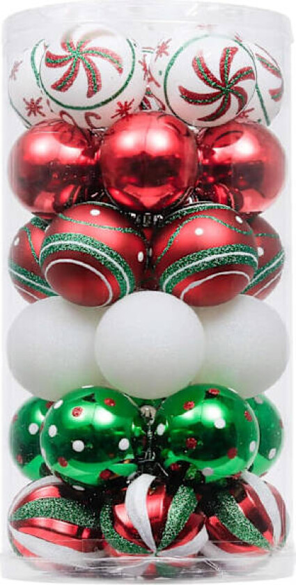 30 stk 6 cm knusefrie julekuler, landlig rød grønn og hvit julekulepynt til juletrepynt rød grønn hvit Red Green White