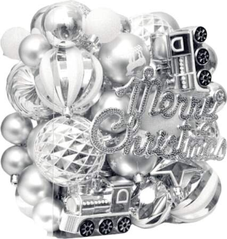 Julepynt, 65-delt sett med malte julekuler, juletrærpynt grau