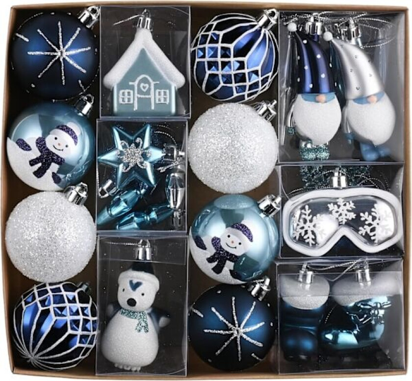 Julekuler til juletrepynt, 40 stk 5-9 cm blå sølv knusefrie kulepynt til trepynt, snømenn hengende gaver