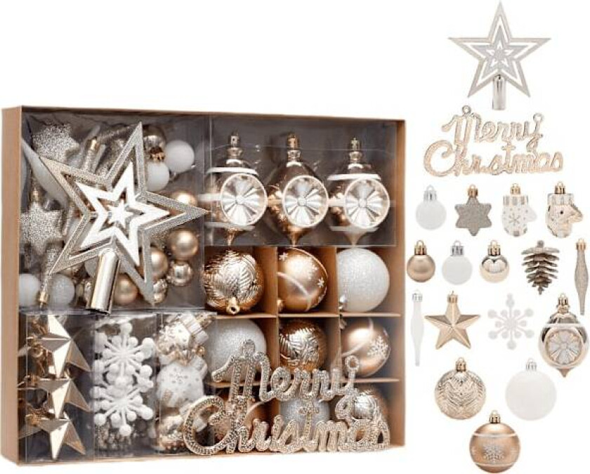 Julepynt, 70 stk malte trepynt, julekulesett, juletrepynt grau