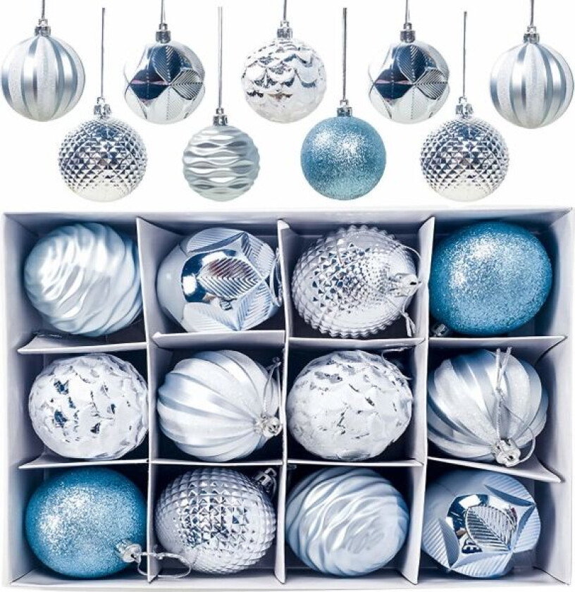 12 Stykker Julekulepynt, Matte og Blanke Julekulepynt, Glitrende Julepynt