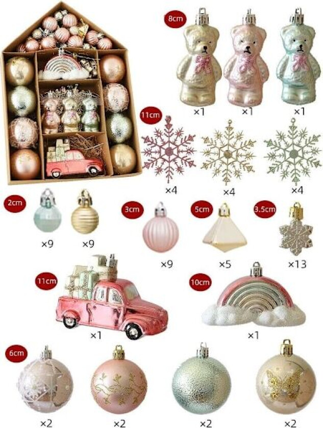 Julepynt til juletreet, 70 stk Julepyntsett Rød Grønn Gull Julekule - Tre Bjørn Gaveeske