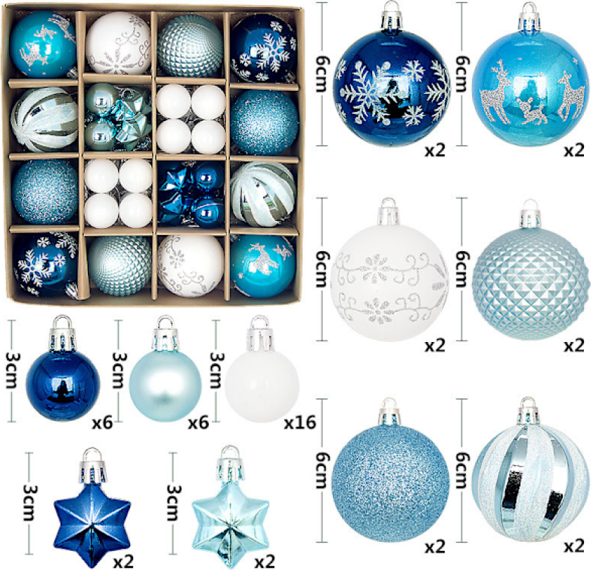 Nye julekuler 44 stk malt spesialformet pappeske 3-6 cm sett julepynt forgylt kule anheng B