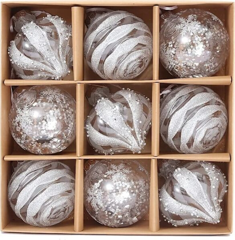 Julekule i hvitt, 9 julekuler, julepynt, hengende balldekorasjoner