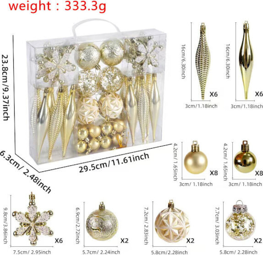 40K Julekuledekorasjonssett - Assortert knusesikkert hengende juletredekorasjonssett for juletrefest og hjemmedekor (gull)