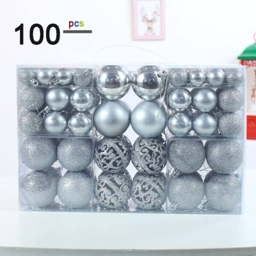100 stk Sølv Julekuler i Ulike Størrelser, Uknuselig Plast Juletrærkule, Julepynt A