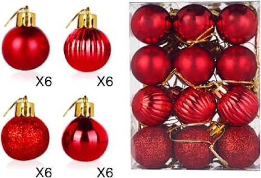 Røde julekuler, 24 stk. røde julekuler julekule sett for juletredekorasjoner, Xmas Bau