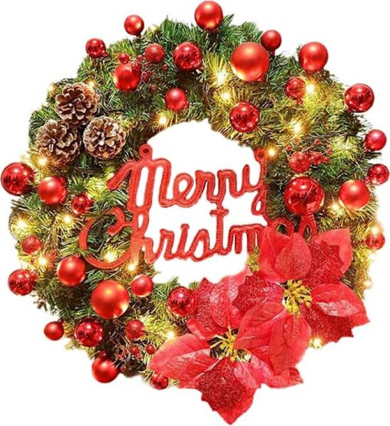 Fyldig kunstig julekrans med blandede dekorasjoner og LE