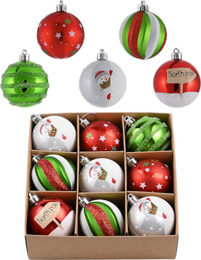 Julepynt 9 stk 6 cm, Rød Grønn og Hvit Julekuler Knusefrie Kulepyntsett Rød Grønn og Hvit Red Green and White