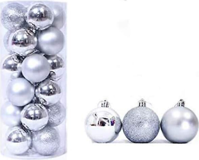 Julekule-anheng, dekorative knusefrie juletrærhengende 40 mm julekuler ornamentsett, 24 pakning (sølv)