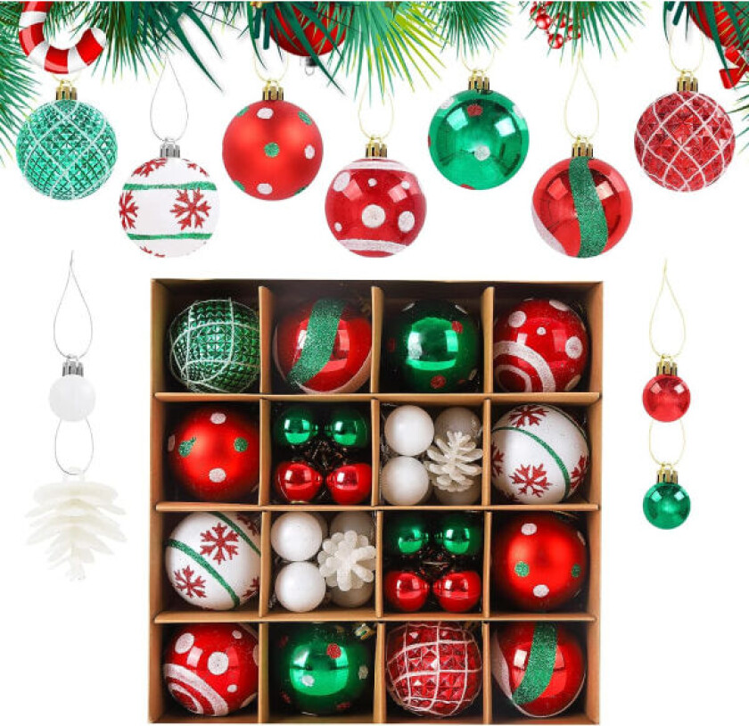 42 stk røde og grønne julekulepynt, hengende julepynt