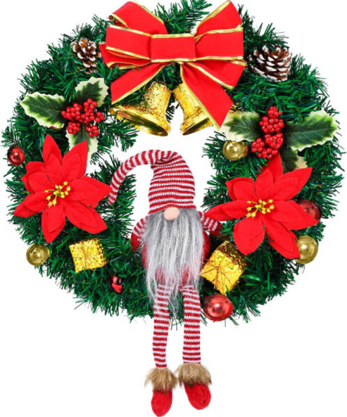 Julekrans til inngangsdøren, 40 cm/16 tommer, med julenisse, rød sløyfe, 2 bjeller og 2 blomster, kunstig julekrans til vegg