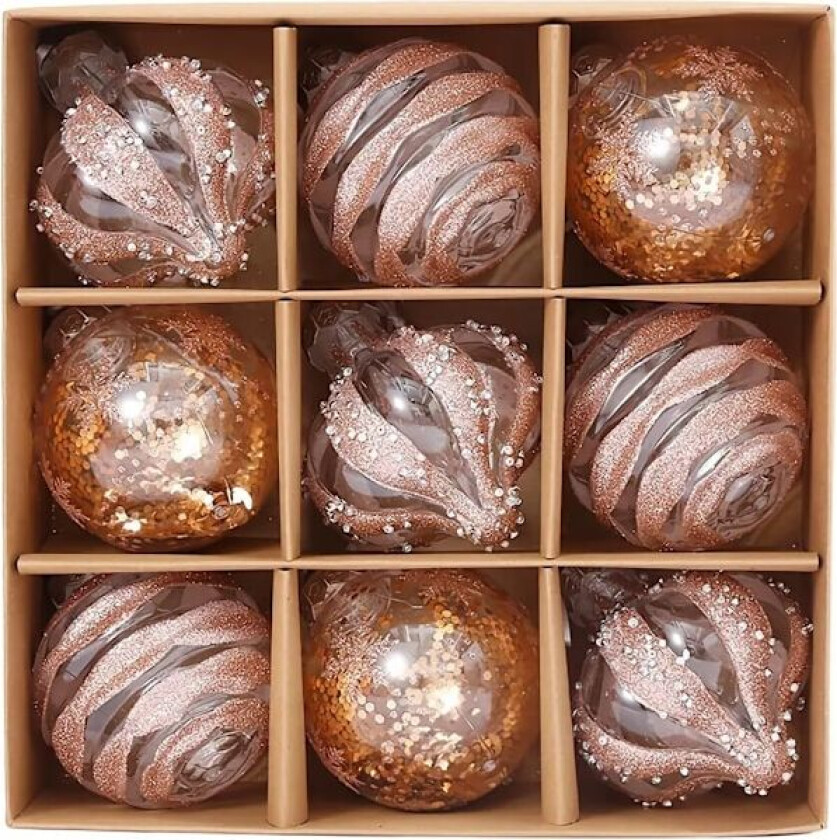 Julekule i roségull, 9 julekuler, julekulepynt, julepynt, hengende kulepynt, dekorasjon