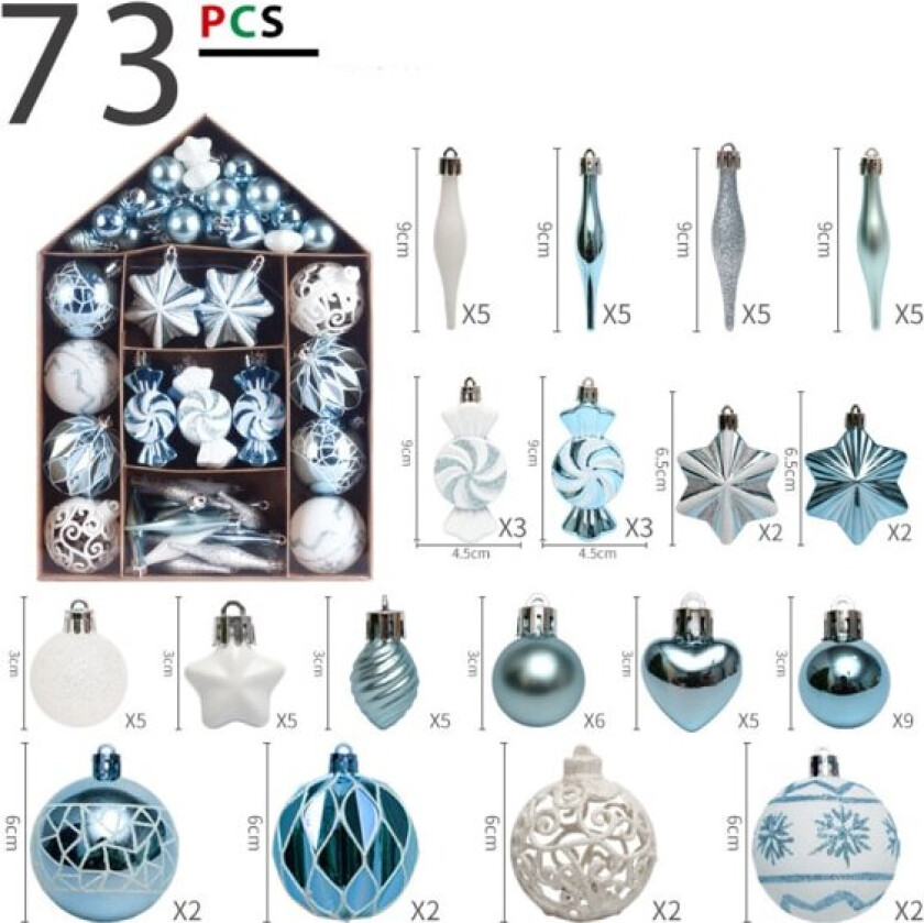 73 stk Julekuler 3-9cm Vintertema Blå og Hvit, Jul