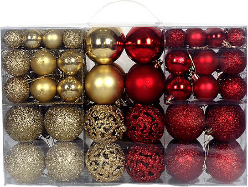 Julekulesett med 100 stk 3-6 cm rosa kuler, gjennombrutte julepyntkuler Rot