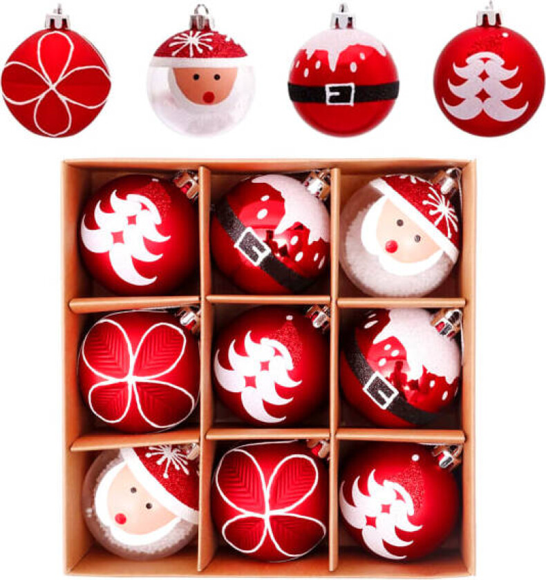9 stk (røde) julekuler, 60 mm julekuledekorasjoner