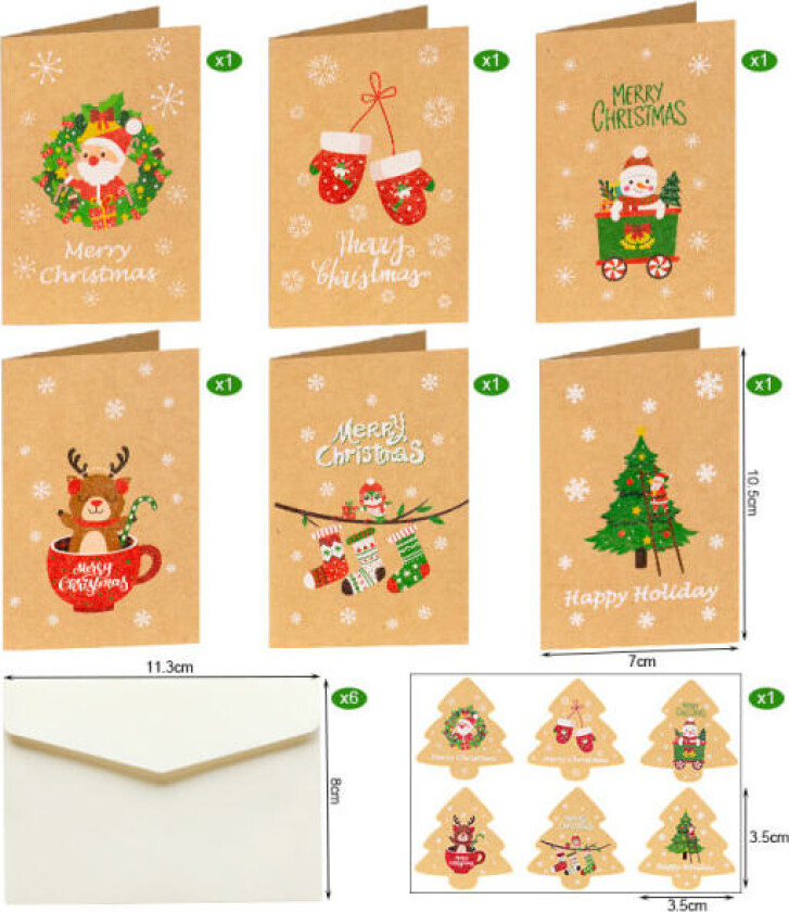Mub - Julehilsen, God Jul, Feriekort, gratulasjonskort, meldingskort 2 6 kort, 6 kuvert, 6 klistermärken