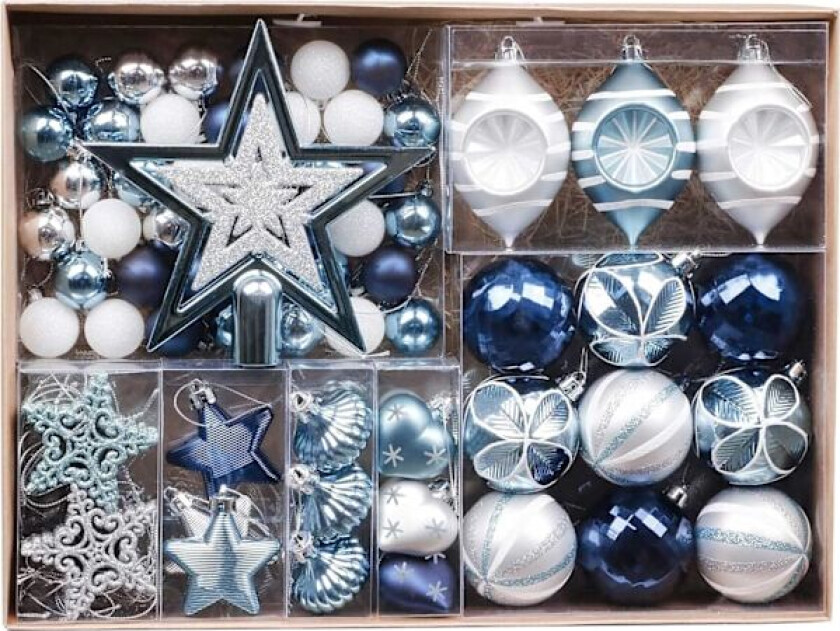Julekuler til juletrepynt, 70 stk 3-10 cm Sølv og Blå Julekulepynt til juletrepynt