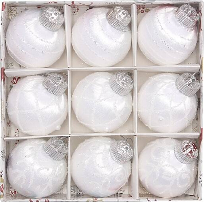 Ni julekuler med silkebånd, malte kuler, 8 cm, i en boks, julepynt Weiß