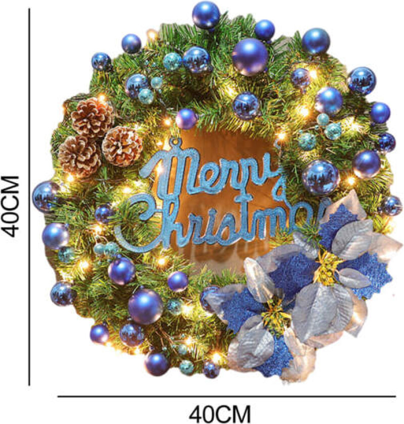 Julekrans 40cm Kunstig Juletre-Kogler Krans med LED-lys Julepynt for Inngangsdør Nyttårsgave