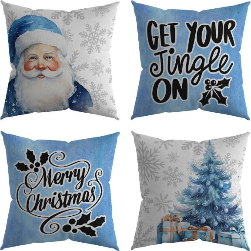 Juleputetrekk 18 x 18 Sett med 4 Rosa Snømann Julenisse Julekrans Vinterferie Putetrekk Dekorative