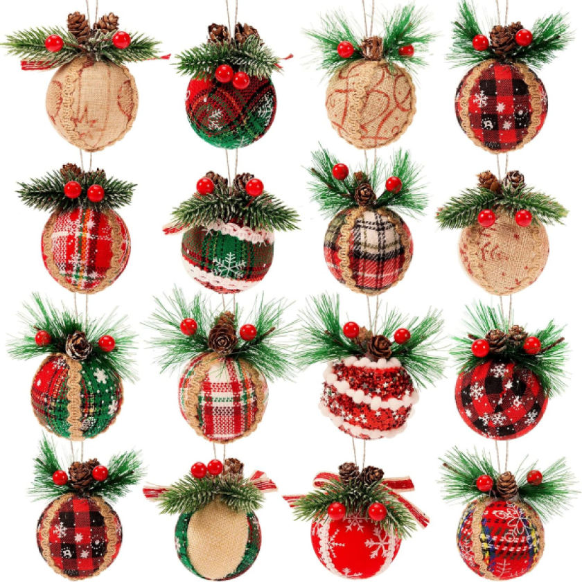 16 stk julekuler i rutete stoff - julepynt til juletreet - juledekorasjon