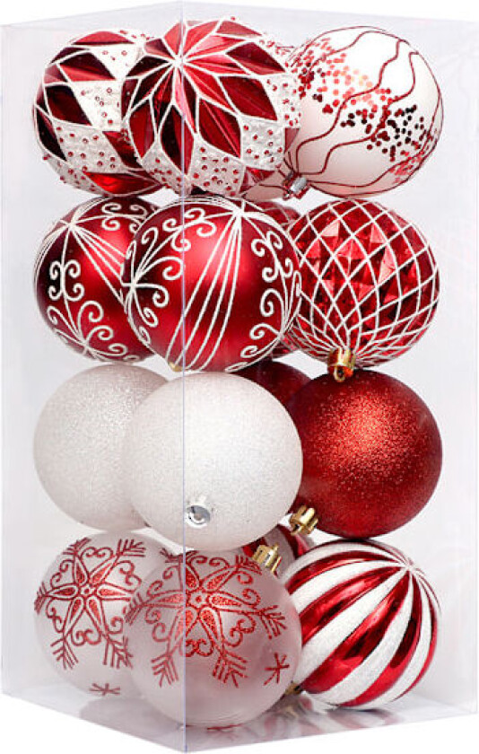 Julepynt, 16-delt sett, rødt og hvitt uregelmessig malt julekulesett, juletrepynttilbehør