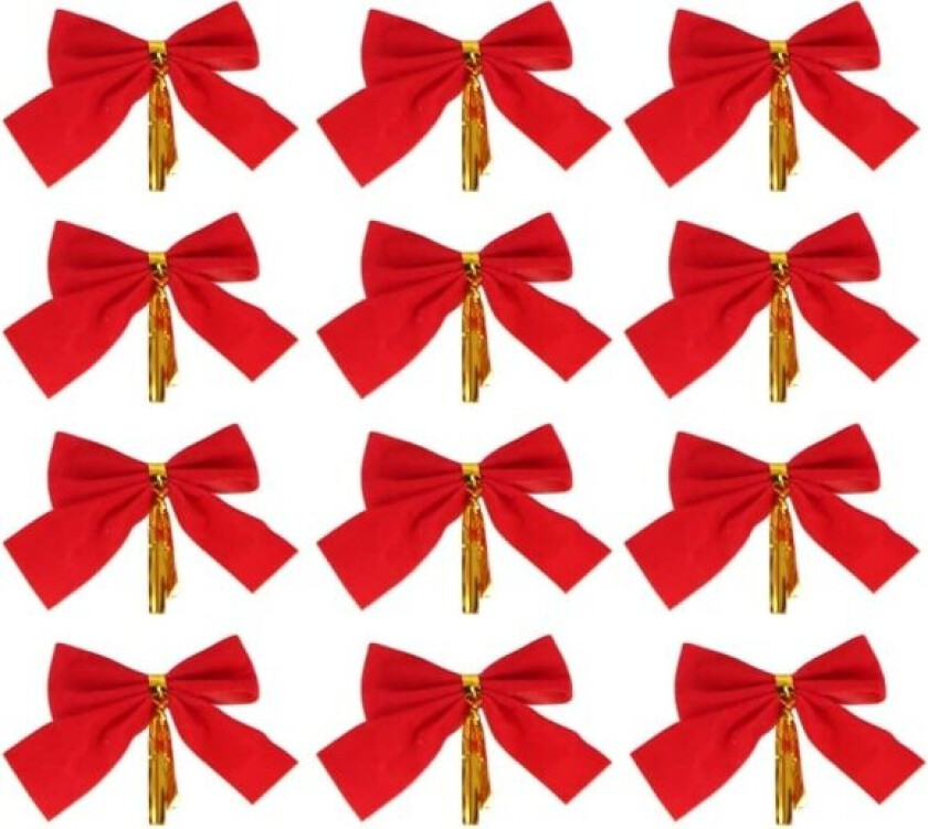 12 små julepynt i form av rosetter, rød