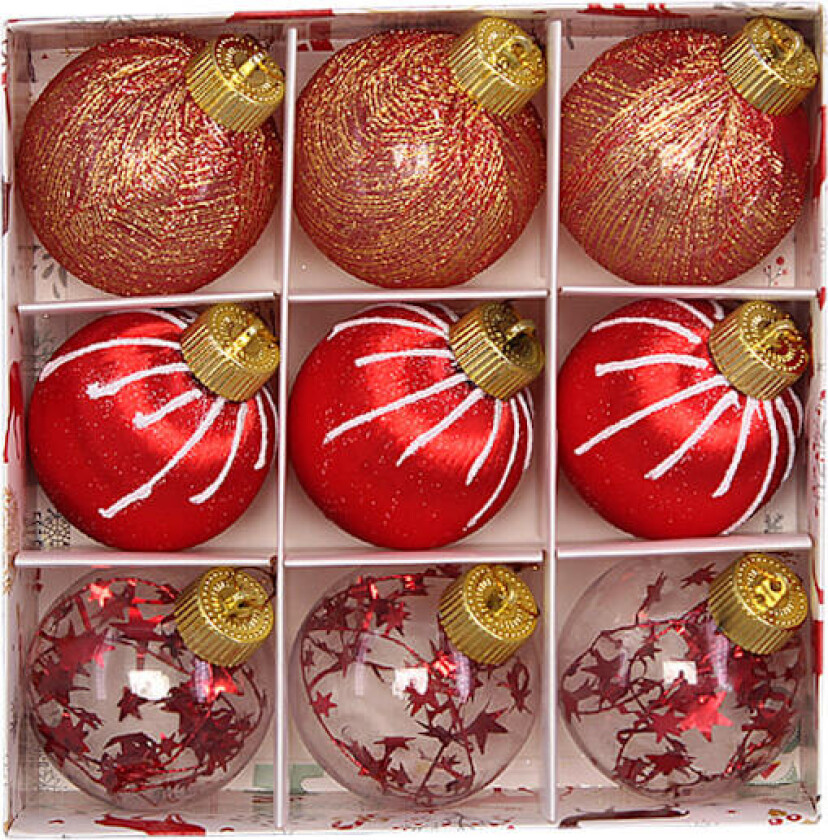 Ni julekuler med silkebånd, malte kuler, 8 cm, i en boks, julepynt Rot