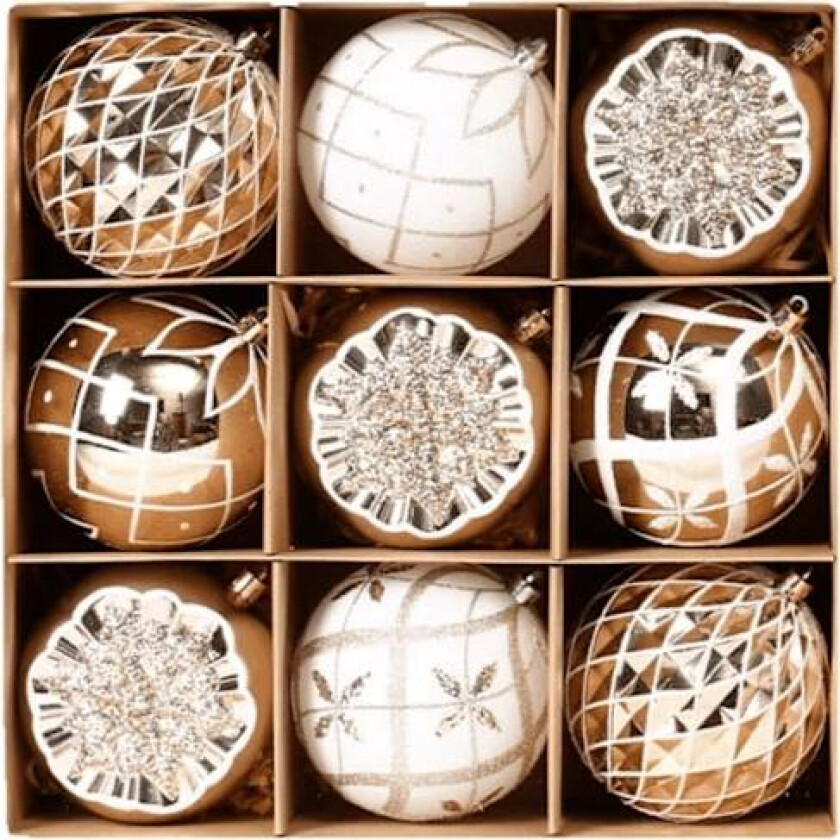 Julepynt, 10 cm, 9 stk. malte julekuler, gavepakke, juletrepynt Sekt