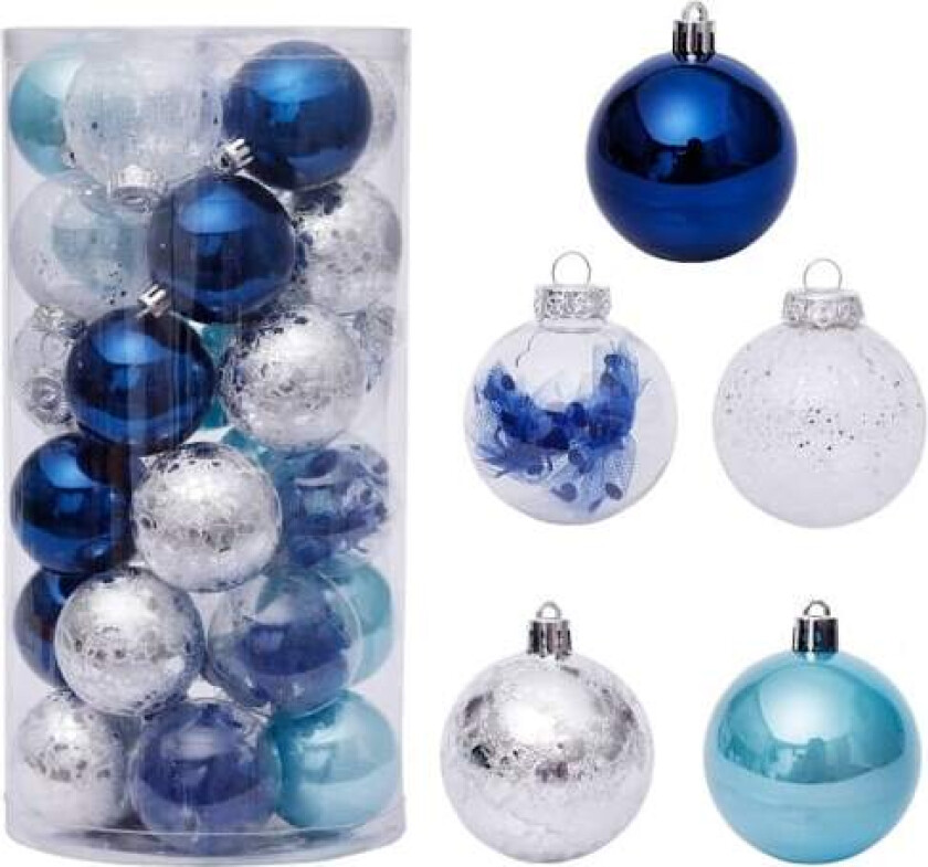 Julekule-sett (60 mm/2,4 tommer, blå+hvit, 30 stk.)