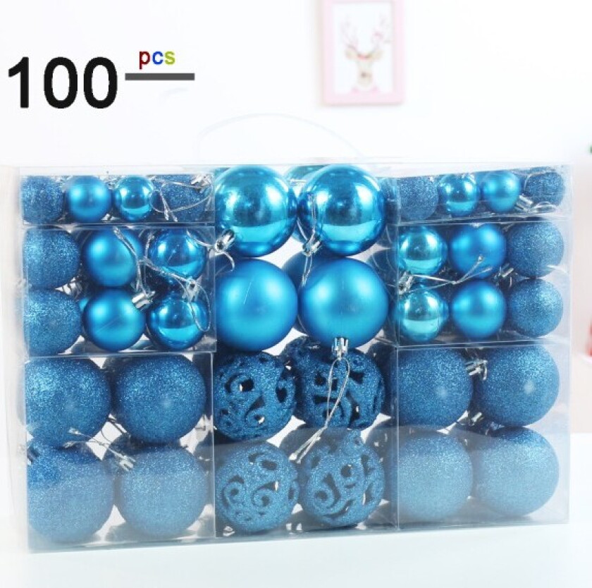100 stk Blå Julekuler i Ulike Størrelser, Uknuselig Plast Julekule, Julepynt D