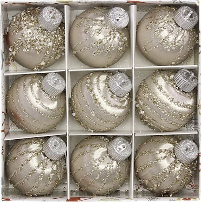 Ni julekuler med silkebånd, malte kuler, 8 cm, i en boks, julepynt Sekt