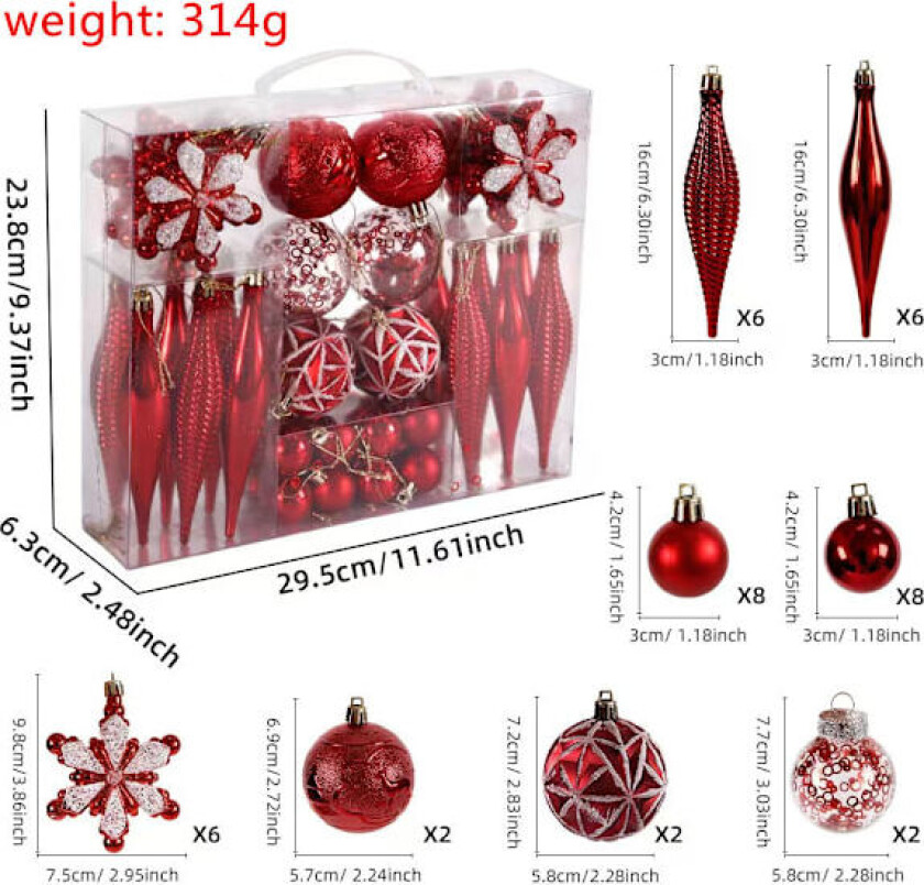40 Karat Julekuledekorasjonssett - Assortert Uknuselig Hengende Tredekorasjonssett for Juletrefest og Hjemmedekor (Rød)