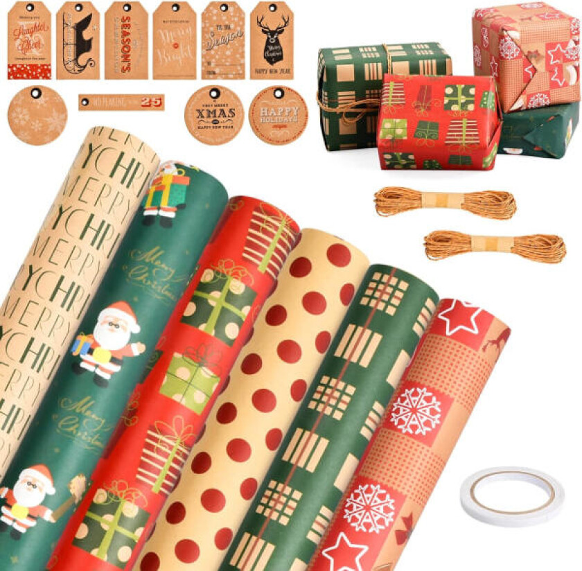 Pakke med 6 Julegavepapir, 50 x 70 cm, Gjenbrukt Kraftpapir, Gavepapir til Jul med Jutesnor og Pynt