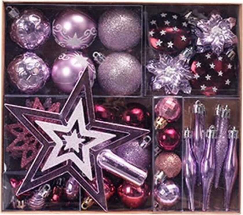 58 stk. juletrærpyntsett med splittersikre julekuler Stjerneanheng Lilla