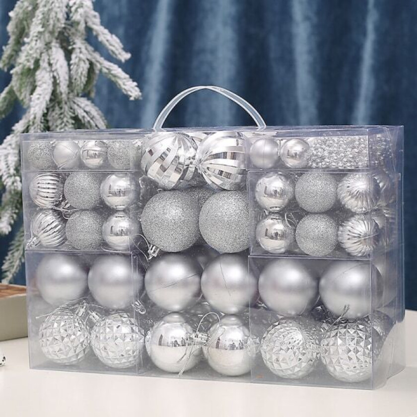 Sett med 93 sølv julekuler, slitesterk plast julepynt