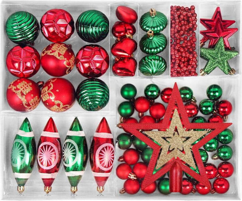 Røde/grønne julekuler, julepynt Plastdekorasjonskuler, Røde og grønne julekuler, Chri O