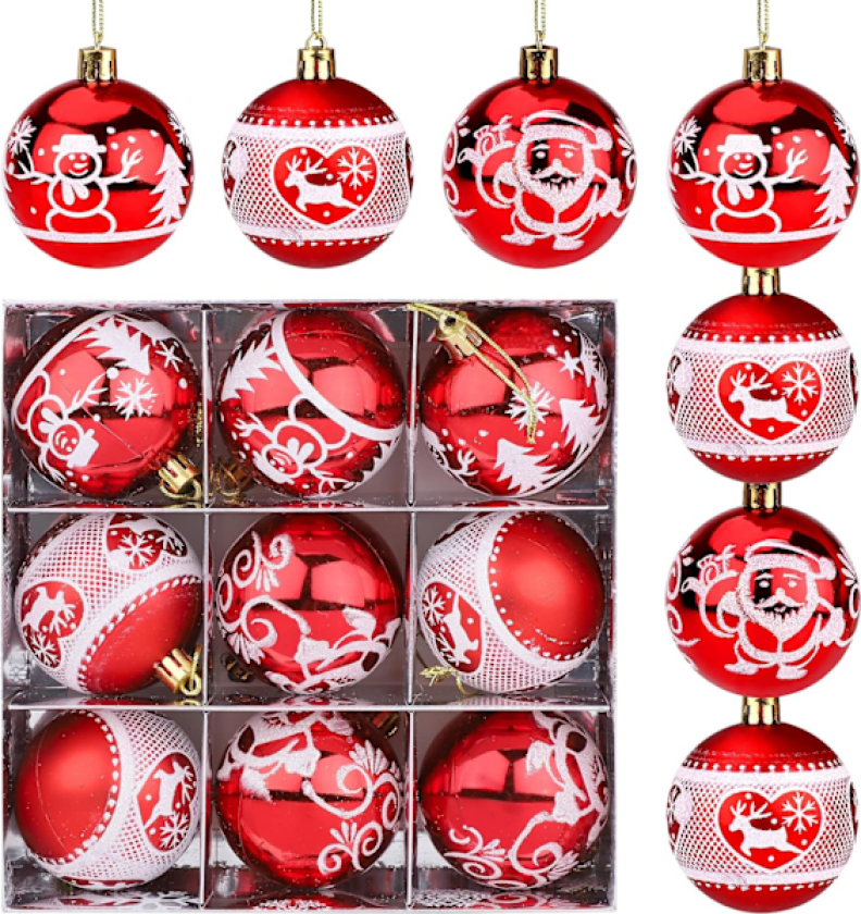 9 stk julekuler, 60 mm julekuledekorasjoner juletredekor uslåelige røde kuler dekorative hengende kulepynt, rød