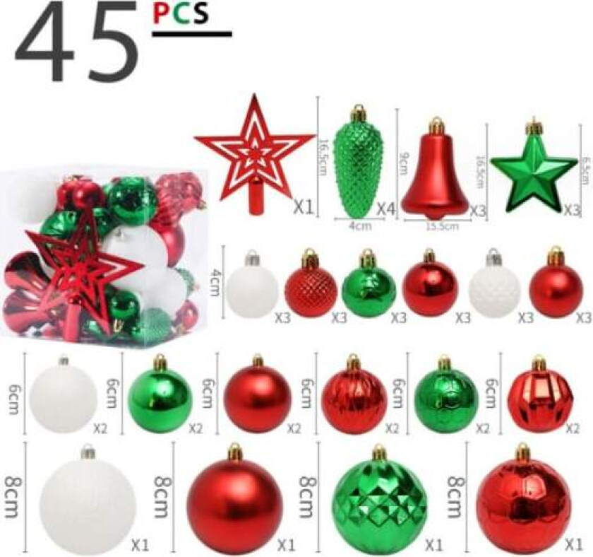 45 stykker (rød+grønn) julekule, interiør juledekorasjon