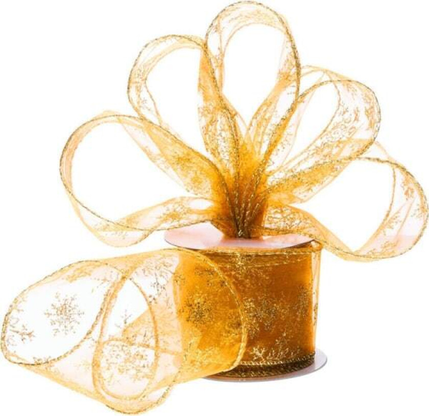 Gull Organza Gavebånd - Julebånd med Tråd for Gaveinnpakking 10m x 63mm med Glitter og Snøflak for Juledekorasjon