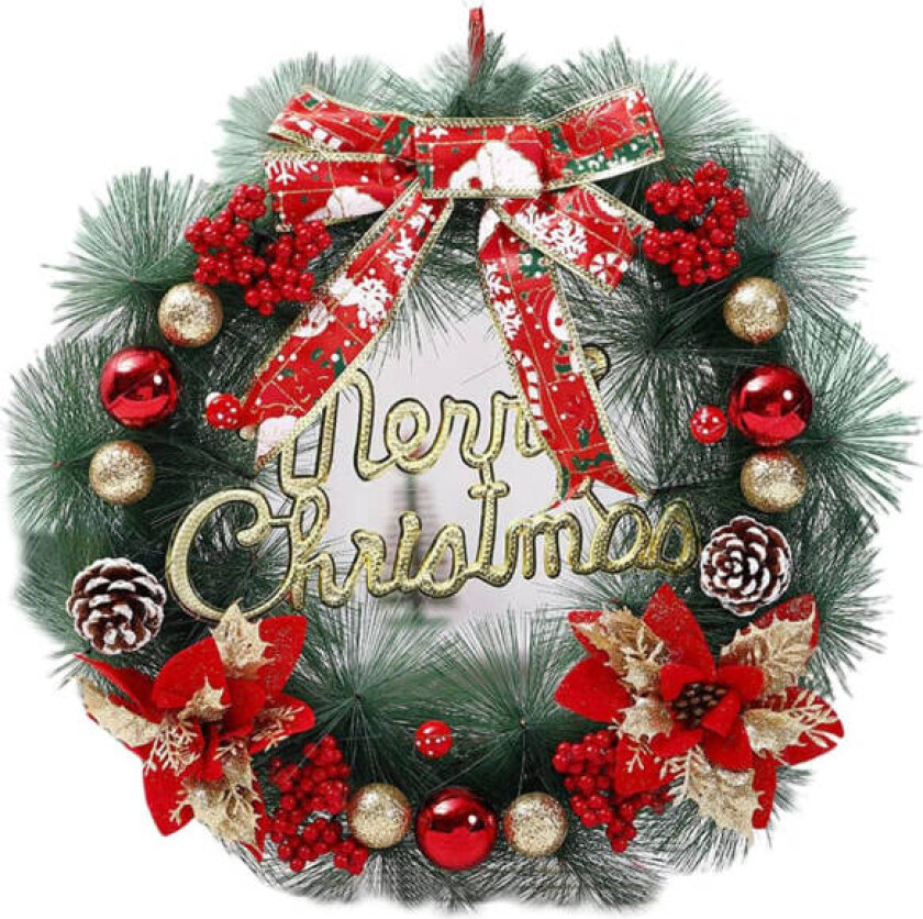 Julekrans, kranser for inngangsdøren utendørs, juledekorasjoner for døren, hengende dørkransdekorasjon 40CM(Trykk+rød)