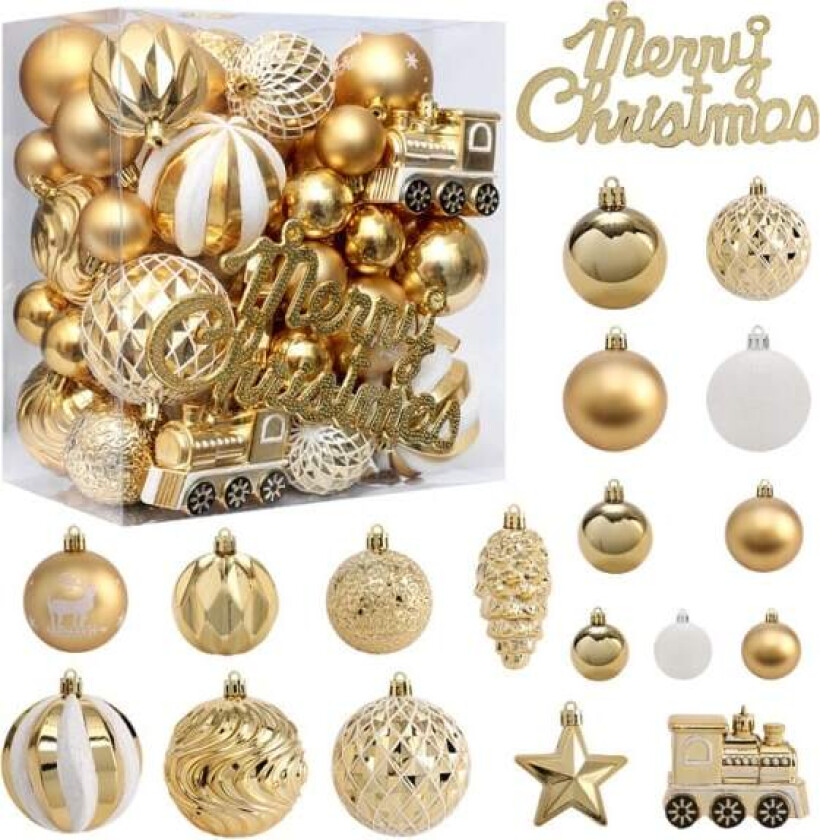 65-delt sett med malte julekuler i PET, julepynt til juletreet