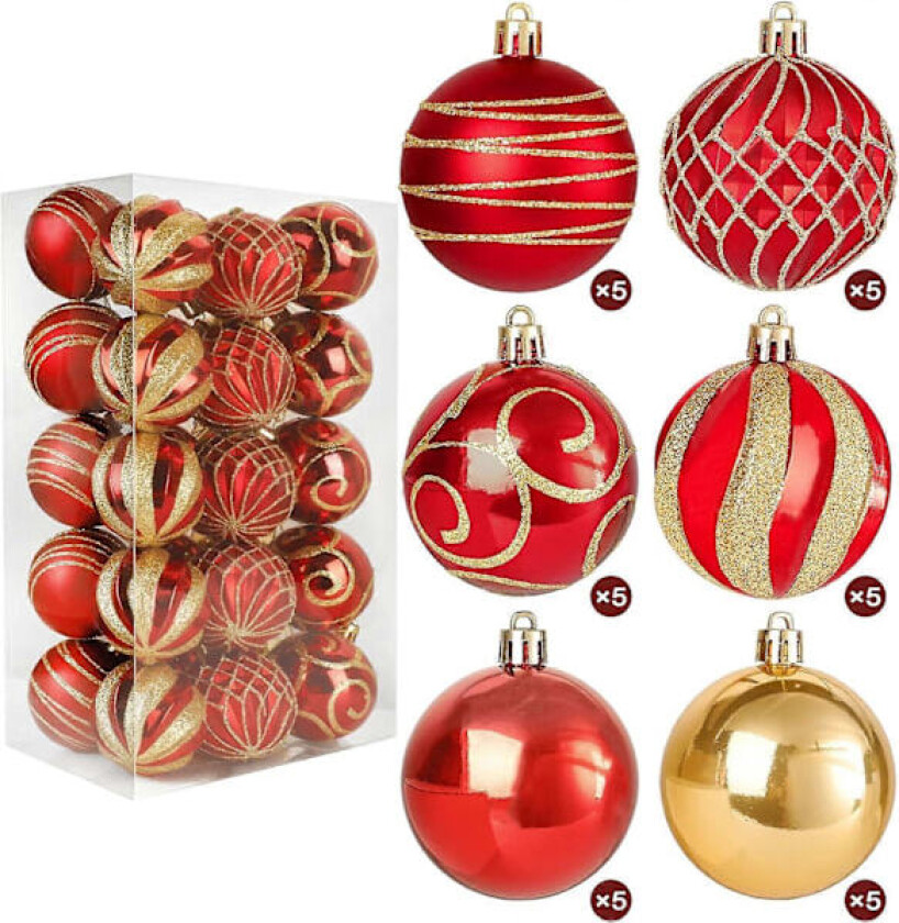 Julekulesett i rødt og gull, 30 stk julekuler til juletreet